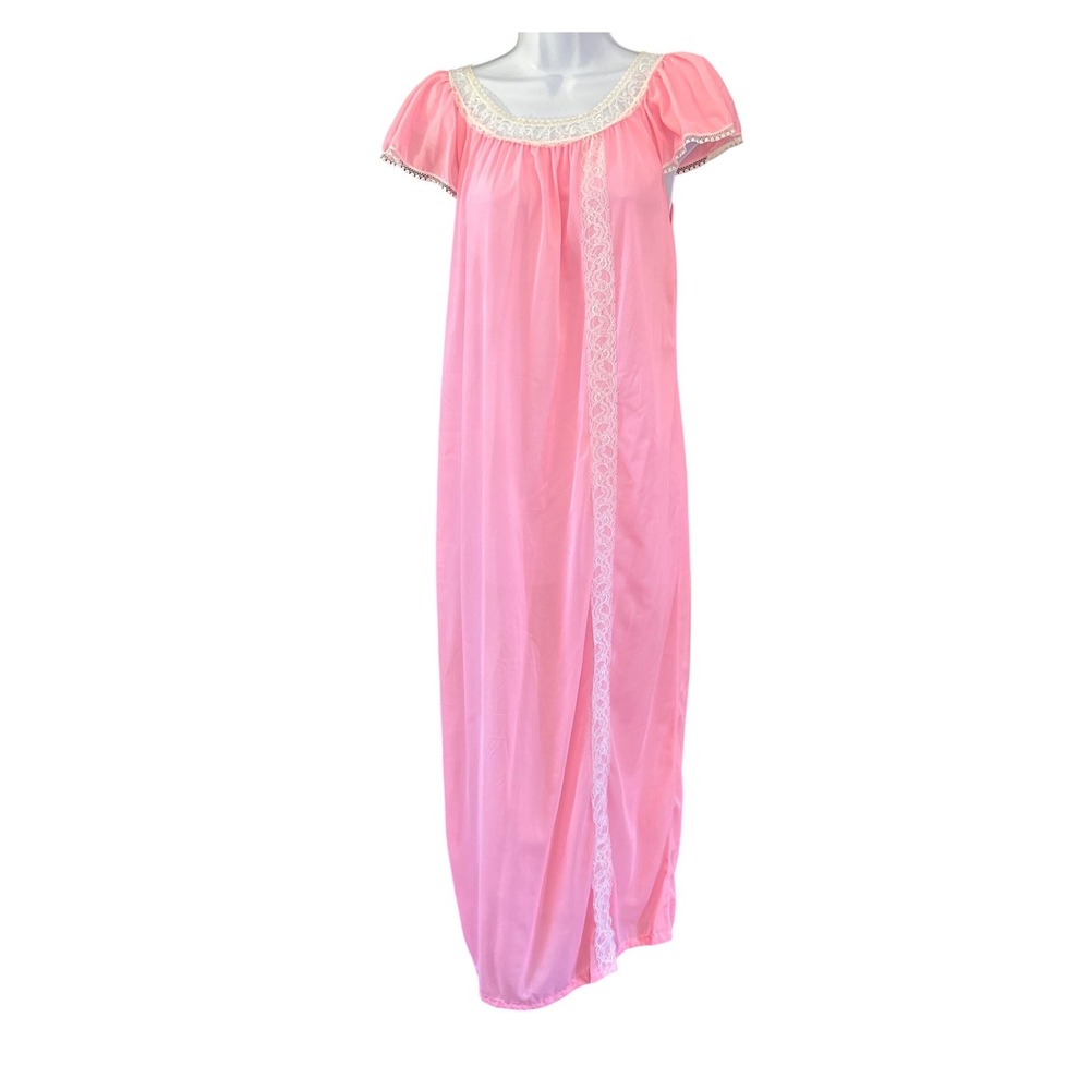 Vintage Berkliff Pink Nylon Nightgown Lace Trim Coquette Dollcore S 32/34